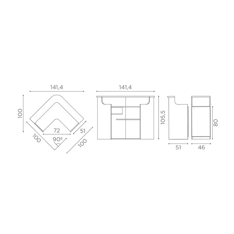 Salon Ambience Balie & Receptiemeubel SMART small - Afmetingen Vakkappers
